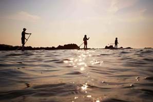 people paddleboarding guernsey on sunlit sea