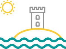 icon ashore with castle and sun