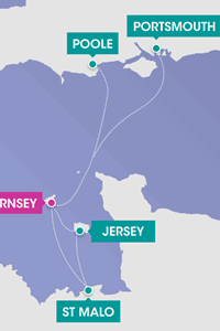 Ferry route map to Guernsey from Poole and Portsmouth, and St Malo