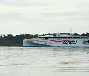 Condor Liberation sails through Poole Harbour on her maiden voyage to the Channel Islands