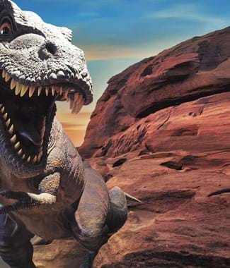 dinosaur roaring at a rock with fossils in uk